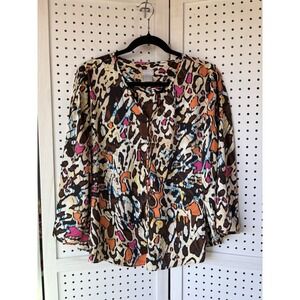 Chico's 2 / US Lg Colorful Print‎ 3/4 SLV Blouse V Neck Silky Org/Brown/Pink